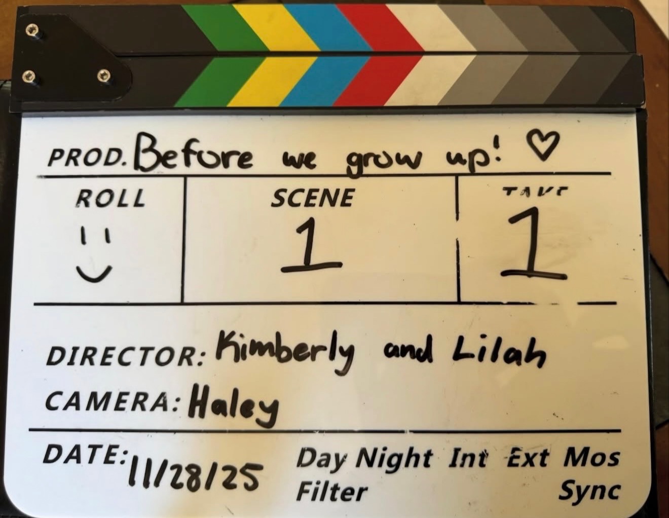 The clapperboard for Before We Grow Up, dated 11/28/25